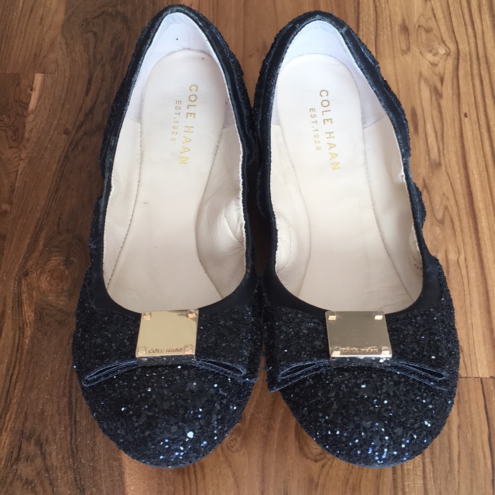 Cole Haan black sparkle glitter tali bow flats